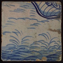 Tile with in blue part of foot in grass, tile pilaster footage fragment ceramic earthenware glaze, d 1.4