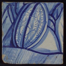 Tile with blue drawing, tile picture footage fragment ceramics pottery glaze, d 1.0