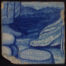 Tile with blue drawing of, among other things, foot, tile picture footage fragment ceramics pottery glaze, d 1.2