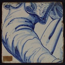 Tile with blue part of arm, tile picture footage fragment ceramic earthenware enamel, Rotterdam education Academy of Fine Arts