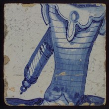Tile with blue drawing, fighting equipment, tile picture footage fragment ceramic earthenware glaze, d 1.0