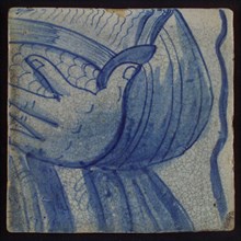 Tile of tableau with blue hand, tile picture footage fragment ceramic pottery glaze, d 1.2