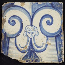 Tile of chimney pilaster, blue on white, part of column with capital on which curly ornament with central cherub cup, chimney