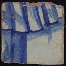 Tile with blue drawing (folds?), tile picture footage fragment ceramics pottery glaze, d 1.4