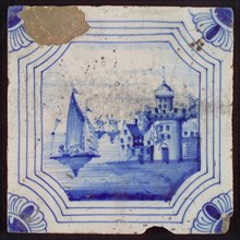 Scene tile, city wall and towers on the water, corner motif quarter rosette, wall tile tile sculpture ceramic earthenware glaze