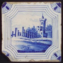 Scene tile, castle tower, corner motif quarter rosette, wall tile tile sculpture ceramic earthenware glaze, baked 2x glazed