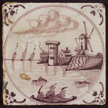 Scene tile, inside double circle, city wall with tower, mill and house, corner motif oxen head, wall tile tile sculpture ceramic