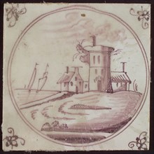 Scene tile, inside double circle tower with houses on hill, corner motif spider, wall tile tile sculpture ceramic earthenware