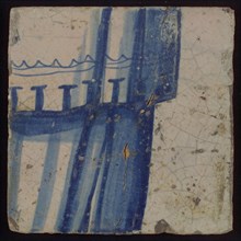 Tile with blue drawing, tile picture footage fragment ceramics pottery glaze, d 1.1