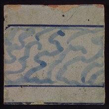 Tile with two blue horizontal lines between which light blue painting, tile picture footage fragment ceramics pottery glaze, d 1