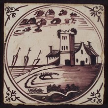 Scene tile, inside double circle tower with houses on hill, corner motif oxen head, wall tile tile sculpture ceramic earthenware