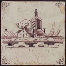 Scene tile, tower with houses, corner motif spider, wall tile tile sculpture ceramic earthenware glaze, baked 2x glazed painted