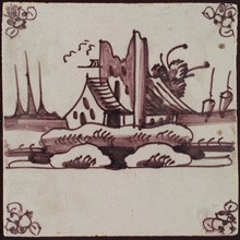 Scene tile, house with broken tower, corner pattern spider, wall tile tile sculpture ceramic earthenware glaze, baked 2x glazed