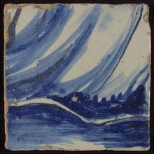 Tile with blue drawing (folds?), tile picture footage fragment ceramic pottery glaze, d 1.0