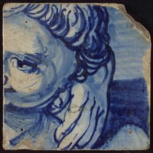 Tile with blue child's head and hand, tile picture footage fragment ceramics pottery glaze, Love