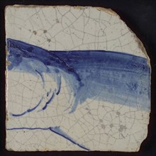 Tile with blue drawing (leg?), tile picture footage fragment ceramic pottery glaze, d 1.0