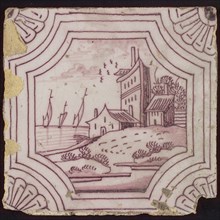 Scene tile, in double curved octagonal tower and two houses, corner motif quarter rosette, wall tile tile sculpture ceramic