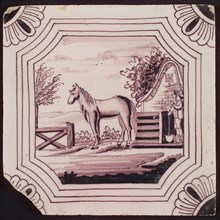 Scene tile, in double curved octagon, horse at fence and house, corner motif quarter rosette, wall tile tile sculpture ceramic