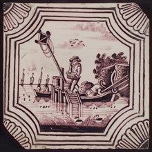 Scene tile, in double curved octagon, scaffold with man, corner motif quarter rosette, wall tile tile sculpture ceramic