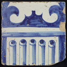 Tile of chimney pilaster, blue on white, part of column with cannelure and capital on which curly ornament, chimney pilaster