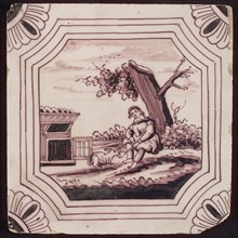 Scene tile, in double curved octagon, man sitting tree, corner motif quarter rosette, wall tile tile sculpture ceramic