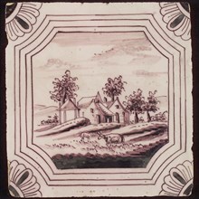 Scene tile, in double curved octagon, farmhouse with haystack, corner motif quarter rosette, wall tile tile sculpture ceramic