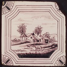 Scene tile, in double curved octagon, farm with haystack among the trees, corner motif quarter rosette, wall tile tile sculpture