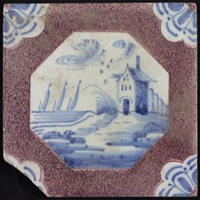 Scene tile, house on hill, corner motif in blue quarter rosette, wall tile tile sculpture ceramics pottery glaze, baked 2x