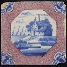 Scene tile, house and barn on hill, corner motif in blue quarter rosette, wall tile tile sculpture ceramic earthenware glaze