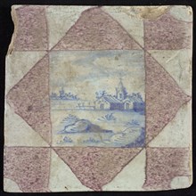 Scene tile, houses and towers, corner motif square with quarter circle, wall tile tile sculpture ceramic earthenware glaze