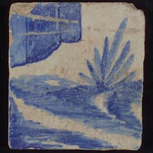 Tile with blue plant on substrate, tile pilaster footage fragment ceramics pottery glaze, d 1.1