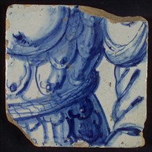 Tile with blue part of body and arm, tile picture footage fragment ceramics pottery glaze, d 1.4