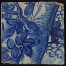 Tile with blue trunk with leaves, tile picture footage fragment ceramics pottery glaze, d 1.2