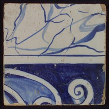 Tile of plateau with part of blue cartouche and marble-part, tile pilaster footage fragment ceramics pottery glaze, d 0.9