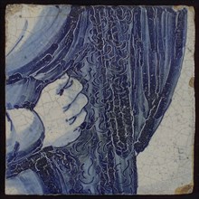 Tile with blue hand on pleated clothing, tile picture footage fragment ceramics pottery glaze, Love