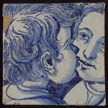 Tile with two heads in blue, tile picture footage fragment ceramics pottery glaze, Love