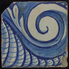 Tile with blue twisted curl, tile pilaster footage fragment ceramics pottery glaze, d 1.3