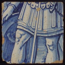 Tile with blue part of Roman: skirt, legs, hand, tile picture footage fragment ceramics pottery glaze, Roman