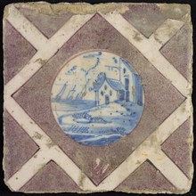Scene tile, house and sailing ships, corner pattern half purple squares and white band, wall tile tile sculpture ceramic