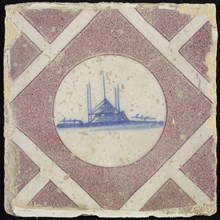 Scene tile, house and haystack, corner pattern half purple squares and white band, wall tile tile sculpture ceramic earthenware
