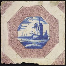 Scene tile, house, tower and sailing ships, corner motif quarter purple square, wall tile tile footage ceramic earthenware glaze