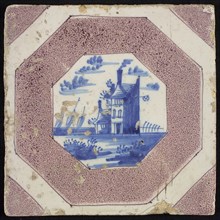 Scene tile, house and sailing ships, corner motif quarter purple square, wall tile tile sculpture ceramic earthenware glaze