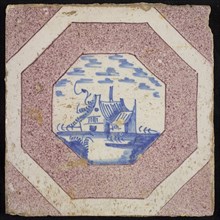Scene tile, house, corner motif quarter purple square, wall tile tile sculpture ceramic earthenware glaze, baked 2x glazed