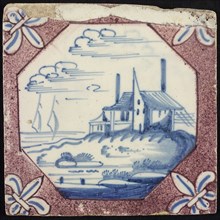 Scene tile, haystack and two sailing ships, corner pattern french lily in white and blue, wall tile tile sculpture ceramic