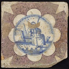 Scene tile, sitting woman in landscape, corner motif quarter-saved star, wall tile tile sculpture ceramic earthenware glaze