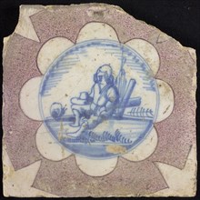 Scene tile, sitting man in landscape, corner motif quarter-saved star, wall tile tile sculpture ceramic earthenware glaze, baked