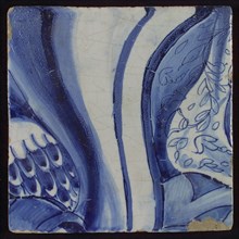 Tile with blue wavy lines and decoration, tile picture footage fragment ceramic pottery glaze, d 0.8