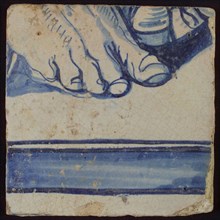 Tile with blue base and horizontal lines, tile picture footage fragment ceramics pottery glaze, d 1.2