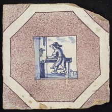 Figure tile, scraping man on workbench, wall tile tile sculpture ceramics earthenware glaze, baked 2x glazed painted Punched