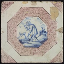 Scene tile, man in landscape with sheep, wall tile tile image ceramics earthenware glaze, baked 2x glazed painted Squared purple